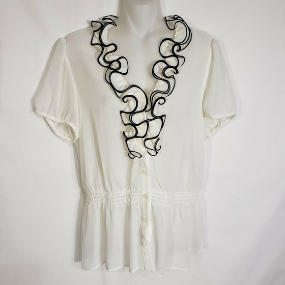 AGB Womens Top Large Ivory Sheer Ruffle Accent Button Elastic Waist Blouse - Picture 10 of 10
